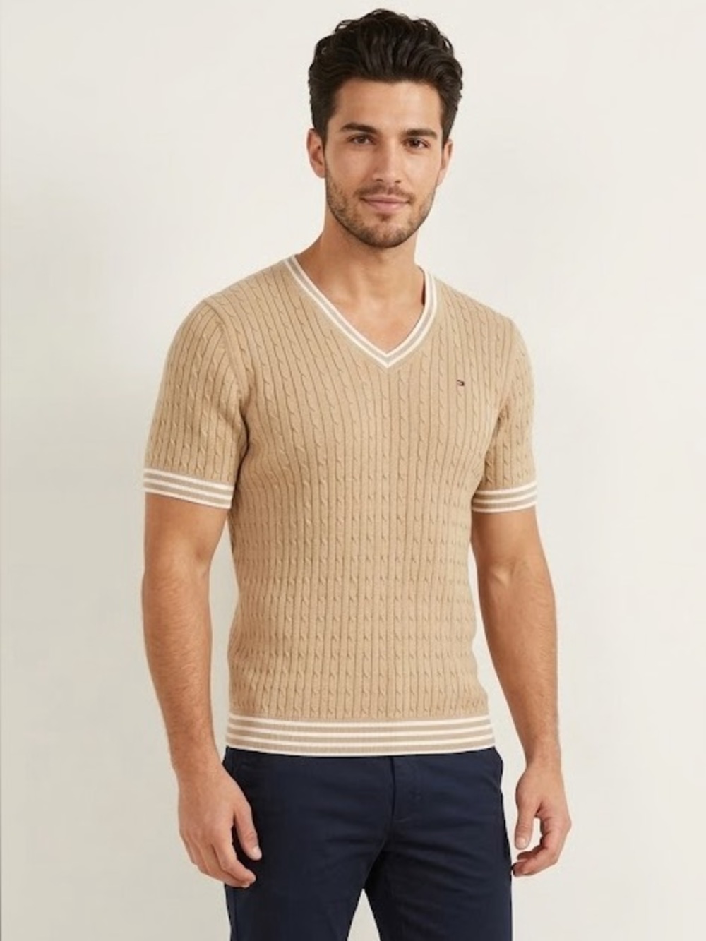 Tommy Hilfiger Mens Cable Knit V-Neck Short Sleeve Sweater Striped Trim